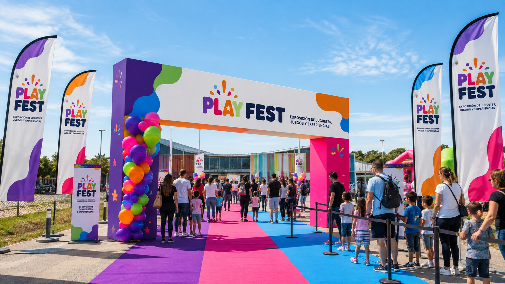 Acceso a Playfest: arco de globos, banderas y familias entrando por la alfombra de colores