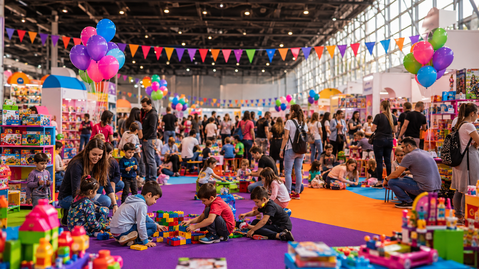 Familias jugando en el salón de Playfest, con alfombras de colores y guirnaldas